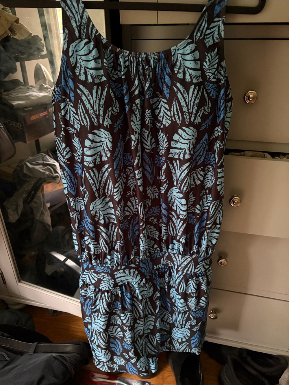 BloomChic Black One-Piece Swim Dress with Light Blue Leaf Print